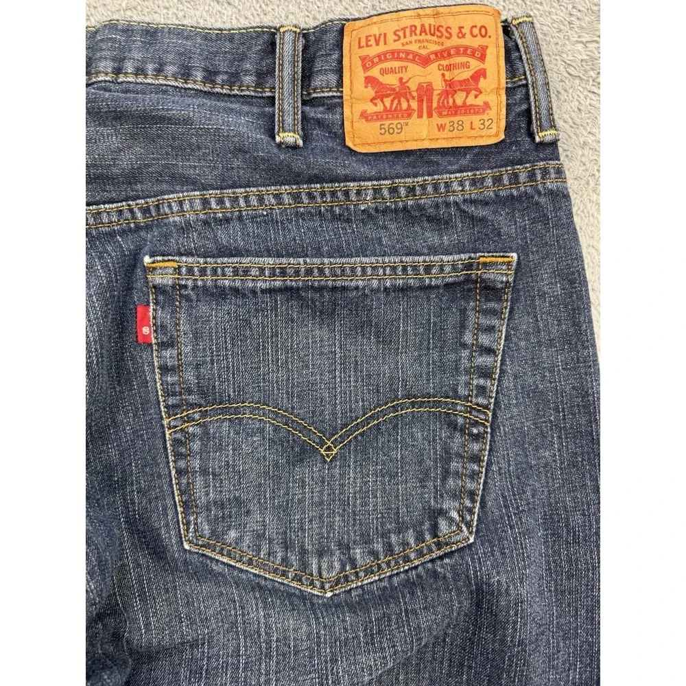 Levis‎ 569 Jeans Men 38x32 Blue Loose Baggy Straight Whisker Distress Dark Denim